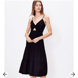 LOFT Petite Twist Tiered MIDI Dress Black 2P